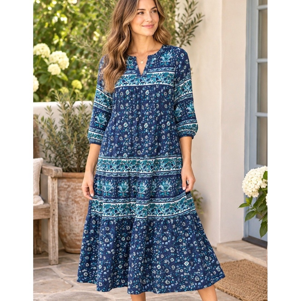 The Vermont Country Store Tiered Midi Dress Women Small Blue Floral Boho Cottage